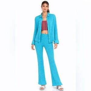 DONNI Textured Two-Piece Set — Turquoise Knit Shirt & Flare Pants | Size S